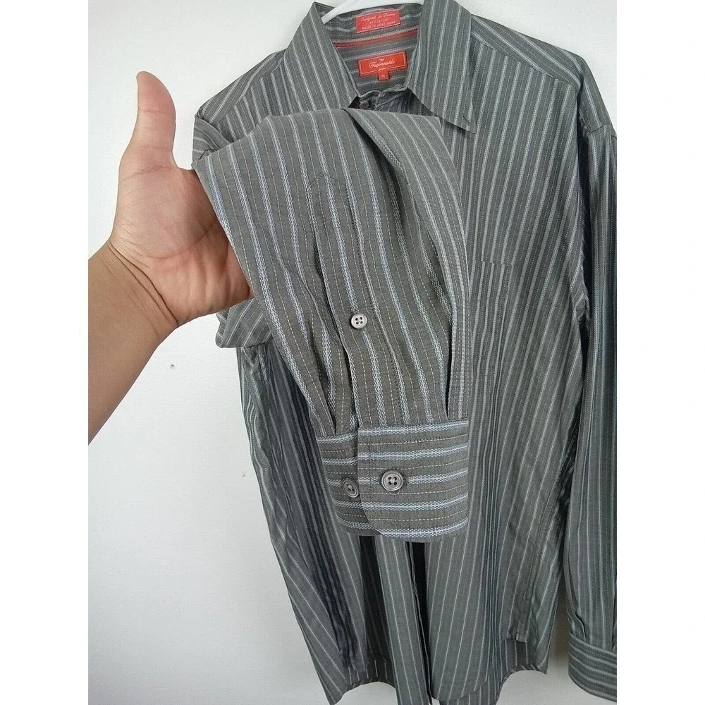 Faconnable Shirt Mens Medium Striped Cotton Long Sleeve Button Down Casual Gray - Picture 6 of 8